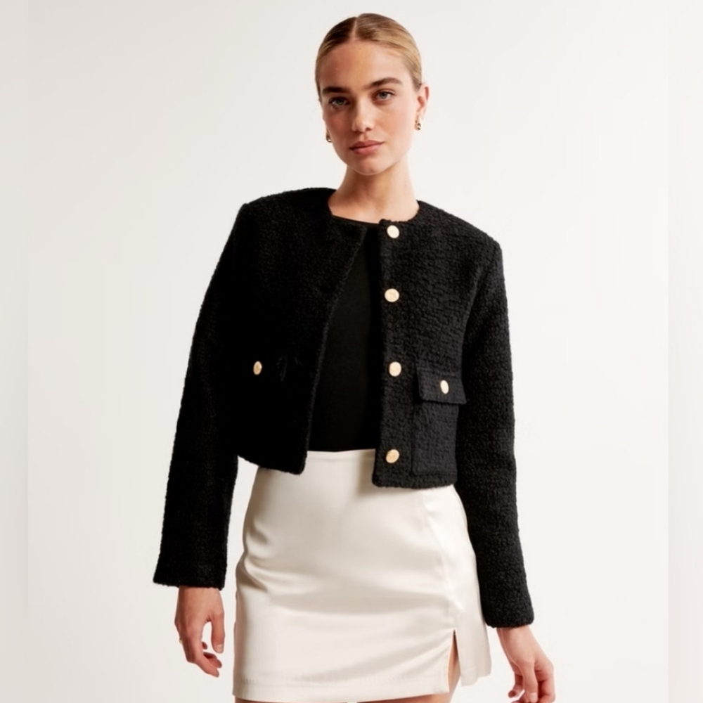 Abercrombie & Fitch Collarless Boucle Wool Blend Short Jacket Black NWOT Size XL